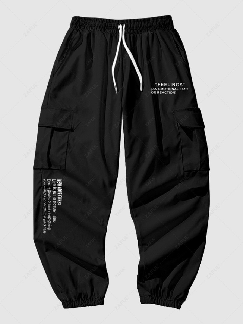 unique Men's Streetwear Letter Slogan Printed Multi-pockets Design Beam Feet Drawstring Cargo Pants - BLACK 2XL