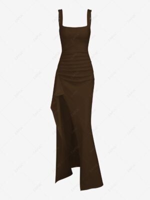 hot Women's Sexy Elegant Solid Color Backless Ruched Draped Thigh High Split Square Neck Adjustable Shoulder Straps Party Evening Gown Maxi Dress - DEEP COFFEE M