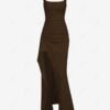 hot Women's Sexy Elegant Solid Color Backless Ruched Draped Thigh High Split Square Neck Adjustable Shoulder Straps Party Evening Gown Maxi Dress - DEEP COFFEE M