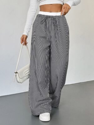 shop Women's Casual Daily Striped Spliced Contrast High Waisted Drawstring Straight Leg Pants - BLACK S