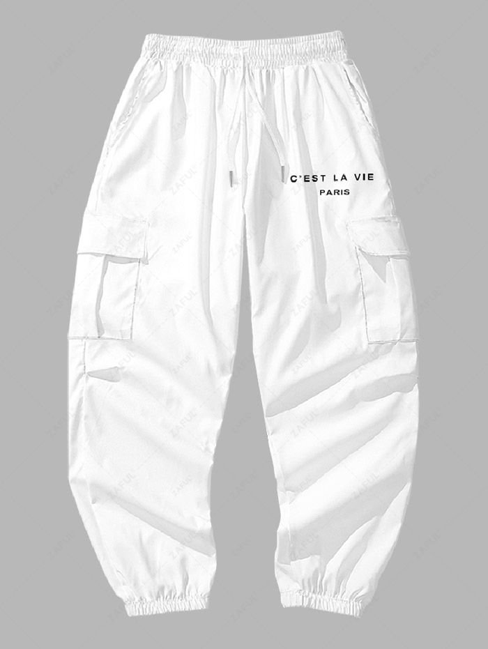 trendy Men's Streetwear C' EST LA VIE Letter Printed Multi-pockets Design Beam Feet Drawstring Cargo Pants - WHITE 2XL
