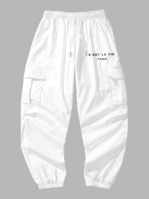 trendy Men's Streetwear C' EST LA VIE Letter Printed Multi-pockets Design Beam Feet Drawstring Cargo Pants - WHITE 2XL