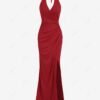 trendy Women's Sexy Elegant Solid Color Ruched Draped Backless Thigh High Split Plunging Neck Halter Tied Prom Evening Gown Maxi Dress - RED S
