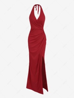 trendy Women's Sexy Elegant Solid Color Ruched Draped Backless Thigh High Split Plunging Neck Halter Tied Prom Evening Gown Maxi Dress - RED S