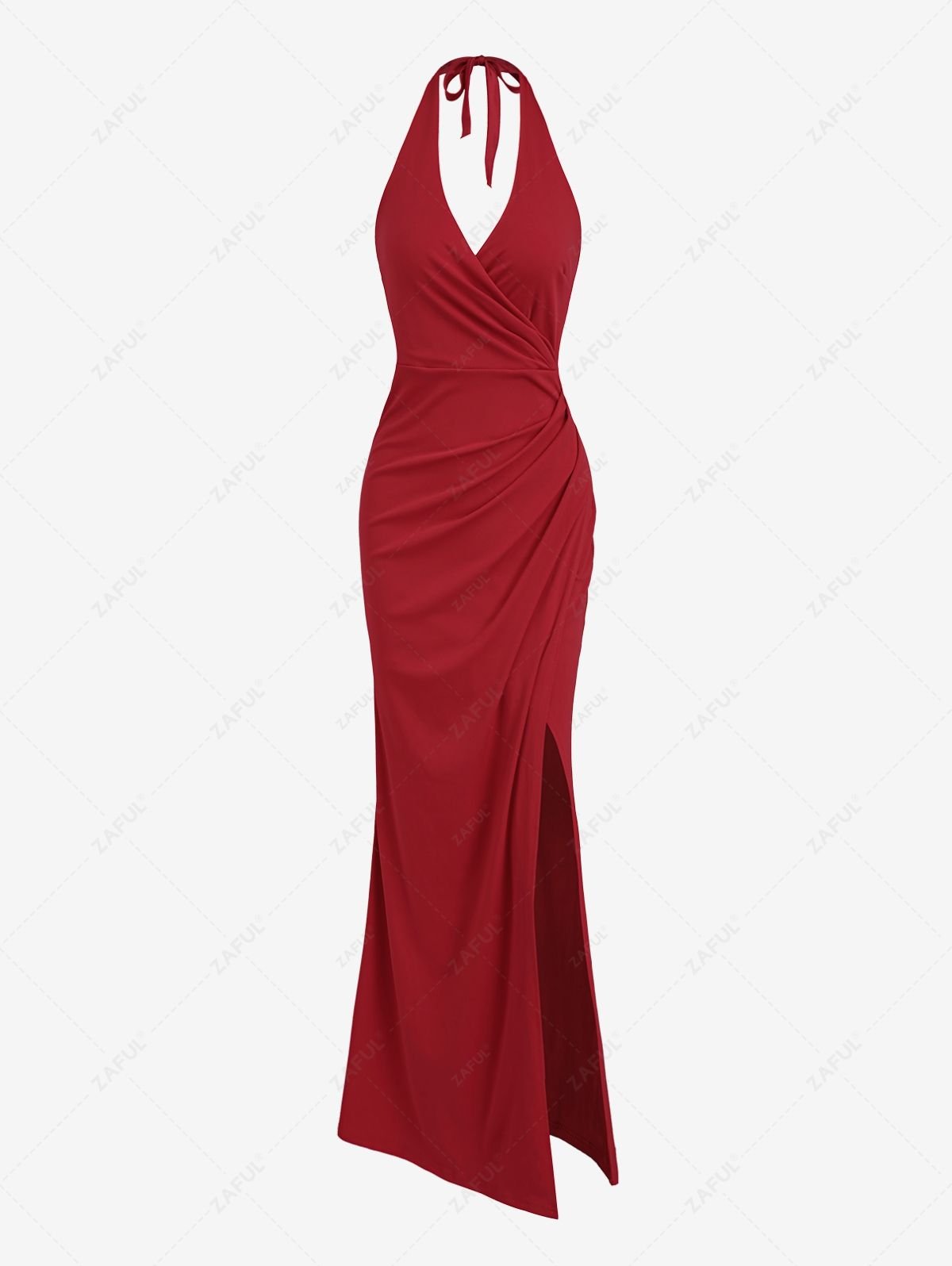 trendy Women's Sexy Elegant Solid Color Ruched Draped Backless Thigh High Split Plunging Neck Halter Tied Prom Evening Gown Maxi Dress - RED S