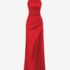 ladies Women's Sexy Elegant Solid Color Halter Neck Ruched Thigh High Split Prom Evening Gown Maxi Dress - RED S