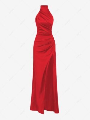 ladies Women's Sexy Elegant Solid Color Halter Neck Ruched Thigh High Split Prom Evening Gown Maxi Dress - RED S