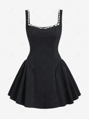 women's Women's Sexy Solid Color Faux Pearl Decor Low Cut Square Neck Non-adjustable Shoulder Straps Mini Fit And Flare Dress - BLACK S