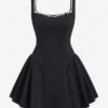 women's Women's Sexy Solid Color Faux Pearl Decor Low Cut Square Neck Non-adjustable Shoulder Straps Mini Fit And Flare Dress - BLACK S