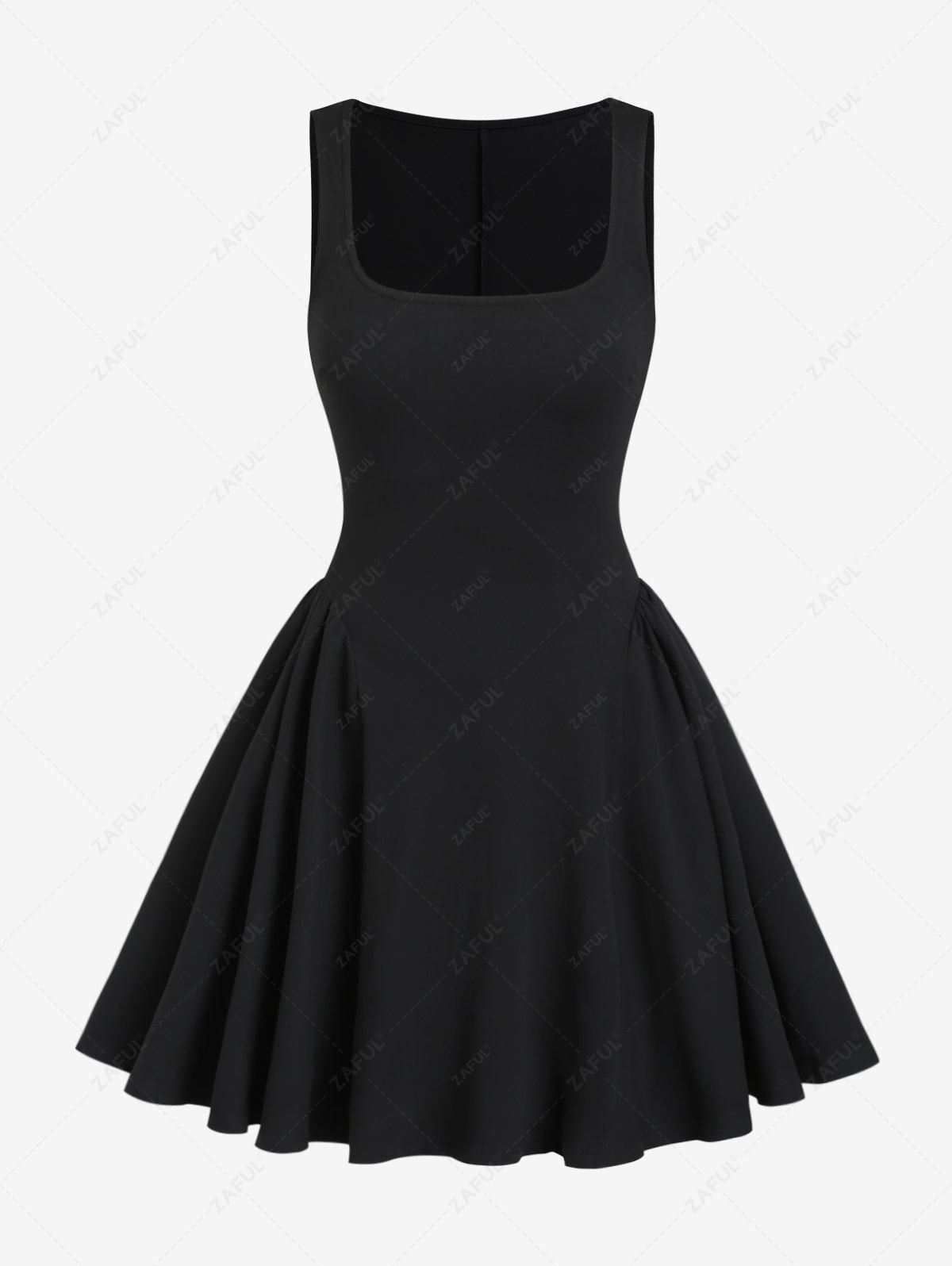 unique Women's Sexy Solid Color Low Cut Square Collar Sleeveless Mini Fit And Flare Dress - BLACK S