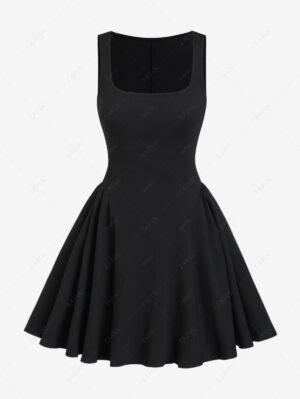 unique Women's Sexy Solid Color Low Cut Square Collar Sleeveless Mini Fit And Flare Dress - BLACK S