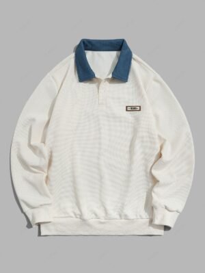 outfits Men's Letter Patch Design Color Spliced Polo Collar Half Buttoned Long Sleeve Pullover Sweatshirt - BEIGE L