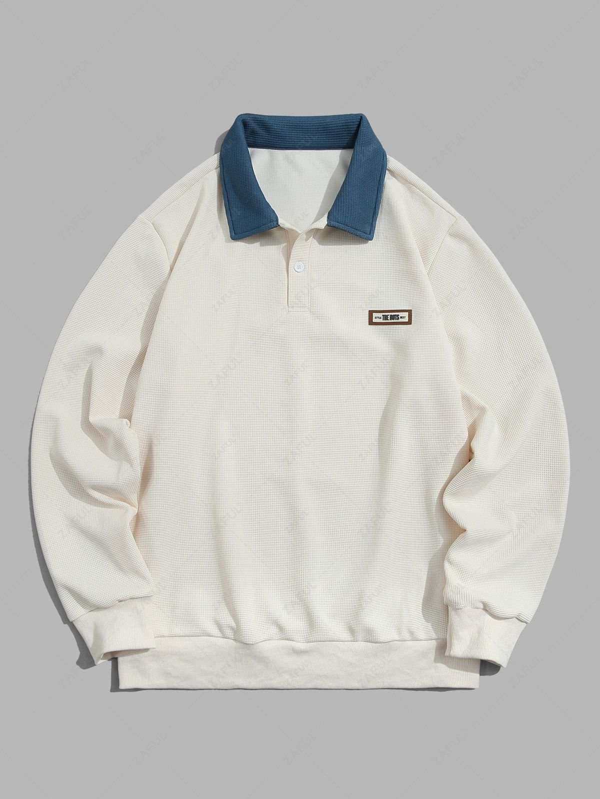 outfits Men's Letter Patch Design Color Spliced Polo Collar Half Buttoned Long Sleeve Pullover Sweatshirt - BEIGE L