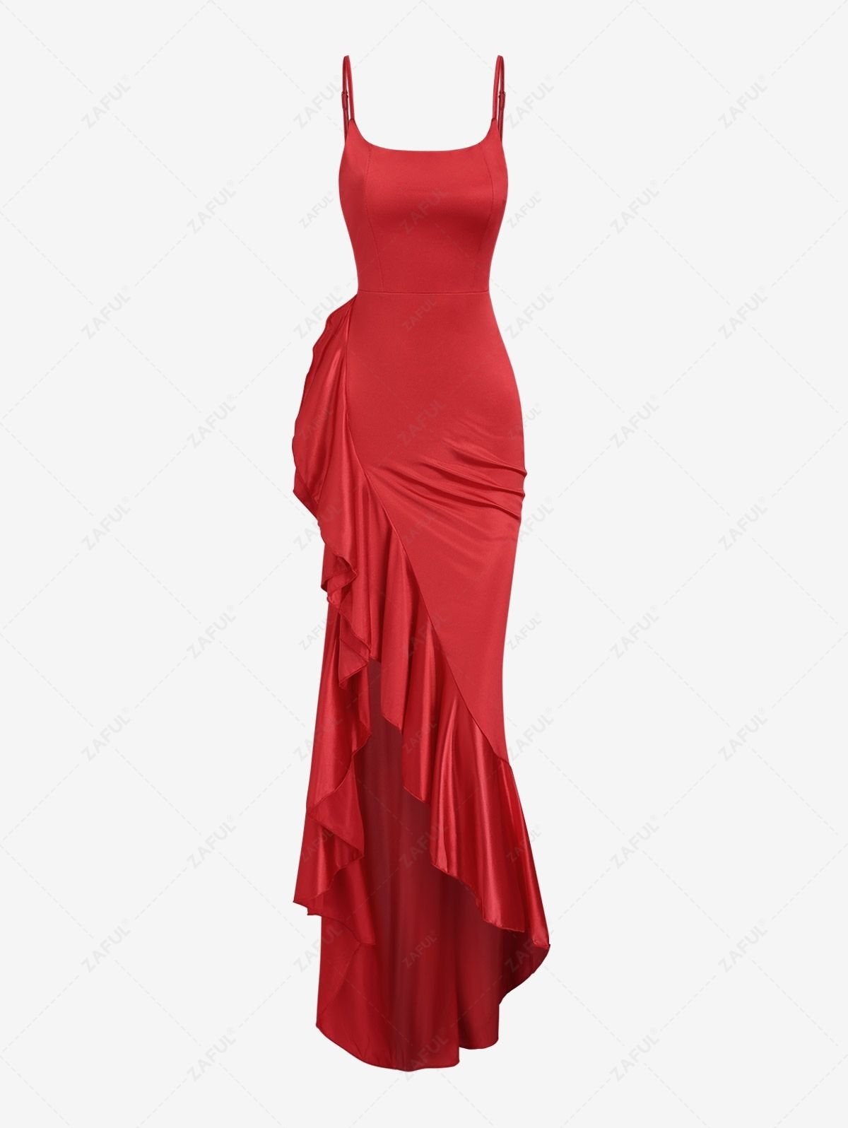 latest Women's Sexy Elegant Solid Color Ruffles Thigh High Split Spaghetti Strap Maxi Cami Dress For Party Prom Gown - RED S