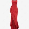 latest Women's Sexy Elegant Solid Color Ruffles Thigh High Split Spaghetti Strap Maxi Cami Dress For Party Prom Gown - RED S