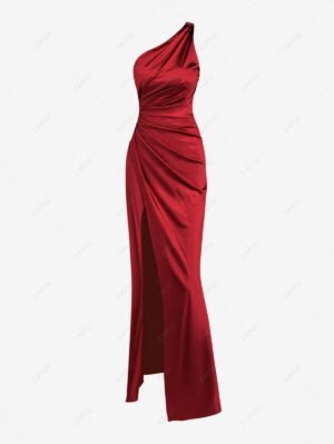 new Women's Sexy Elegant Satin Solid Color One-Shoulder Ruched Thigh High Split Prom Evening Gown Maxi Dress - RED XS