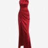 new Women's Sexy Elegant Satin Solid Color One-Shoulder Ruched Thigh High Split Prom Evening Gown Maxi Dress - RED XS