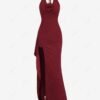 buy Women's Sexy Solid Color 3D Flower Backless Thigh High Split Ruffles Hem Plunging Neck Halter Tied Prom Gown Maxi Dress - RED S