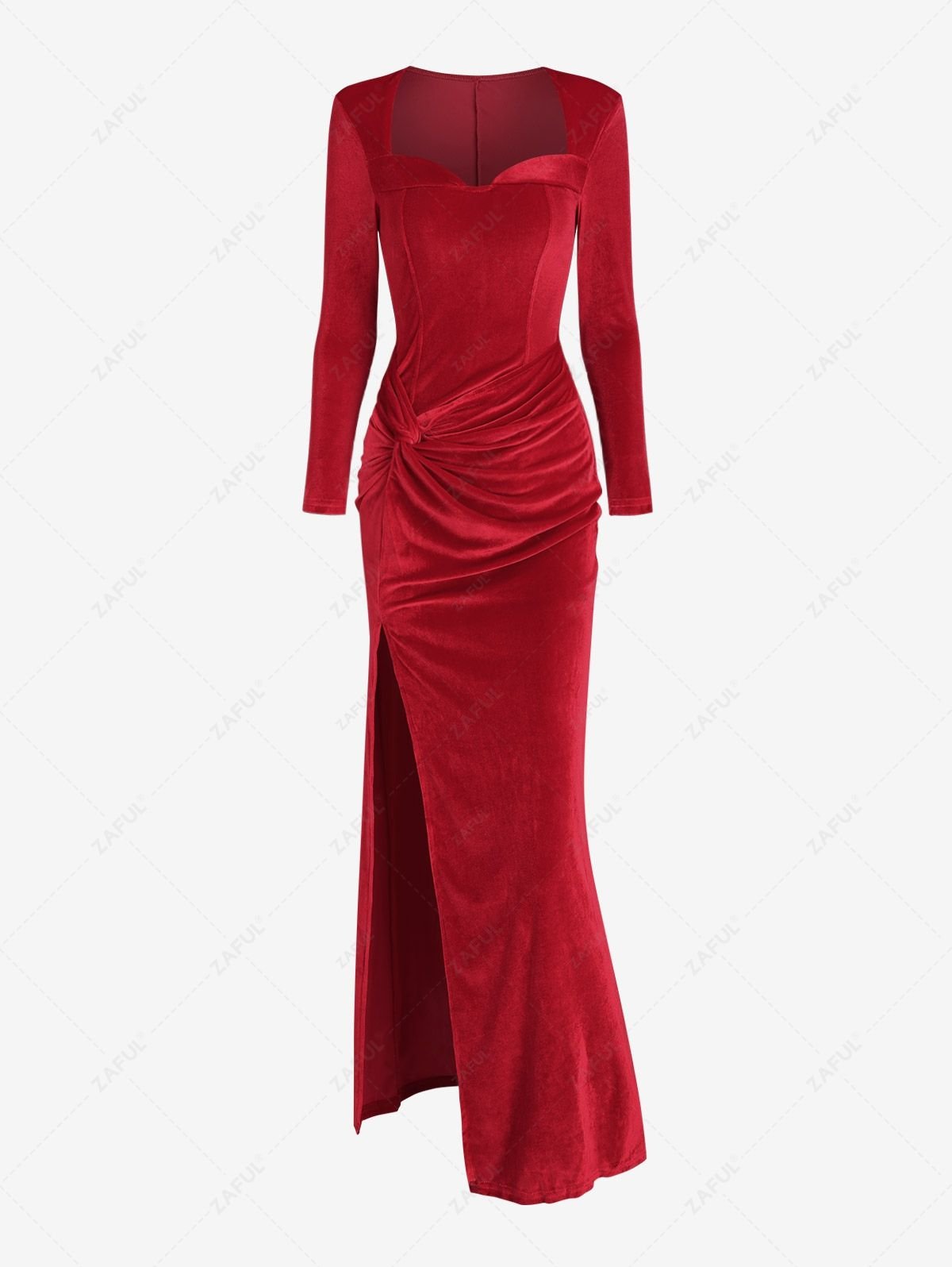 latest Women's Sexy Elegant Velvet Sweetheart Neck Twist High Slit Long Sleeve Maxi Draped Dress - RED S