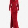 latest Women's Sexy Elegant Velvet Sweetheart Neck Twist High Slit Long Sleeve Maxi Draped Dress - RED S