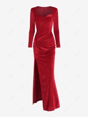 latest Women's Sexy Elegant Velvet Sweetheart Neck Twist High Slit Long Sleeve Maxi Draped Dress - RED S