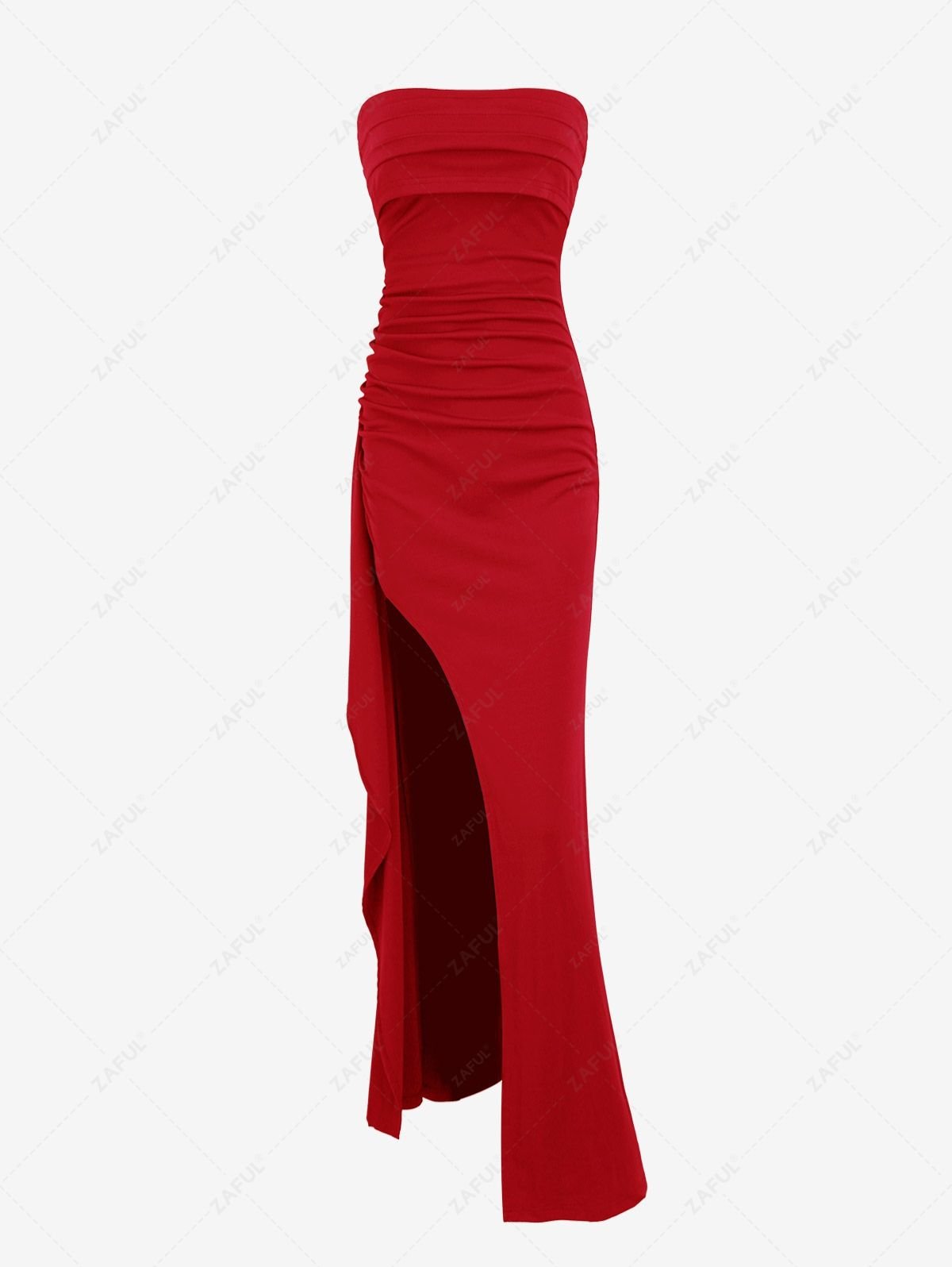shop Women's Sexy Elegant Solid Color Ruched Draped Thigh High Split Strapless Maxi Tube Dress For Prom Party Gown - RED S