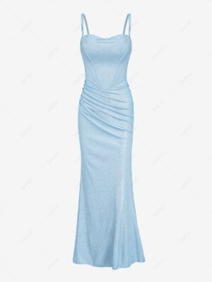 trendy Women's Sexy Elegant Glitter Sparkly Cowl Front Fishbone Ruched Scrunch Bum Spaghetti Strap Maxi Cami Dress - LIGHT BLUE S