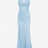 trendy Women's Sexy Elegant Glitter Sparkly Cowl Front Fishbone Ruched Scrunch Bum Spaghetti Strap Maxi Cami Dress - LIGHT BLUE S