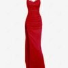 online Women's Sexy Elegant Satin Solid Color Criss Cross Open Back Ruched Draped Thigh High Split Spaghetti Strap Cami Maxi Dress - RED S