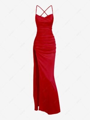 online Women's Sexy Elegant Satin Solid Color Criss Cross Open Back Ruched Draped Thigh High Split Spaghetti Strap Cami Maxi Dress - RED S