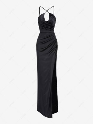 best Women's Solid Color Criss Cross Halter Backless High Slit Maxi Sexy Elegant Dress For Evening Party Prom - BLACK S