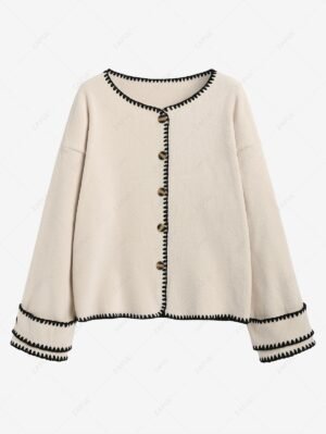 chic Women's Casual Polar Fleece Contrast Whip Stitching Drop Shoulder Long Sleeve Single-breasted Jacket - LIGHT COFFEE XL