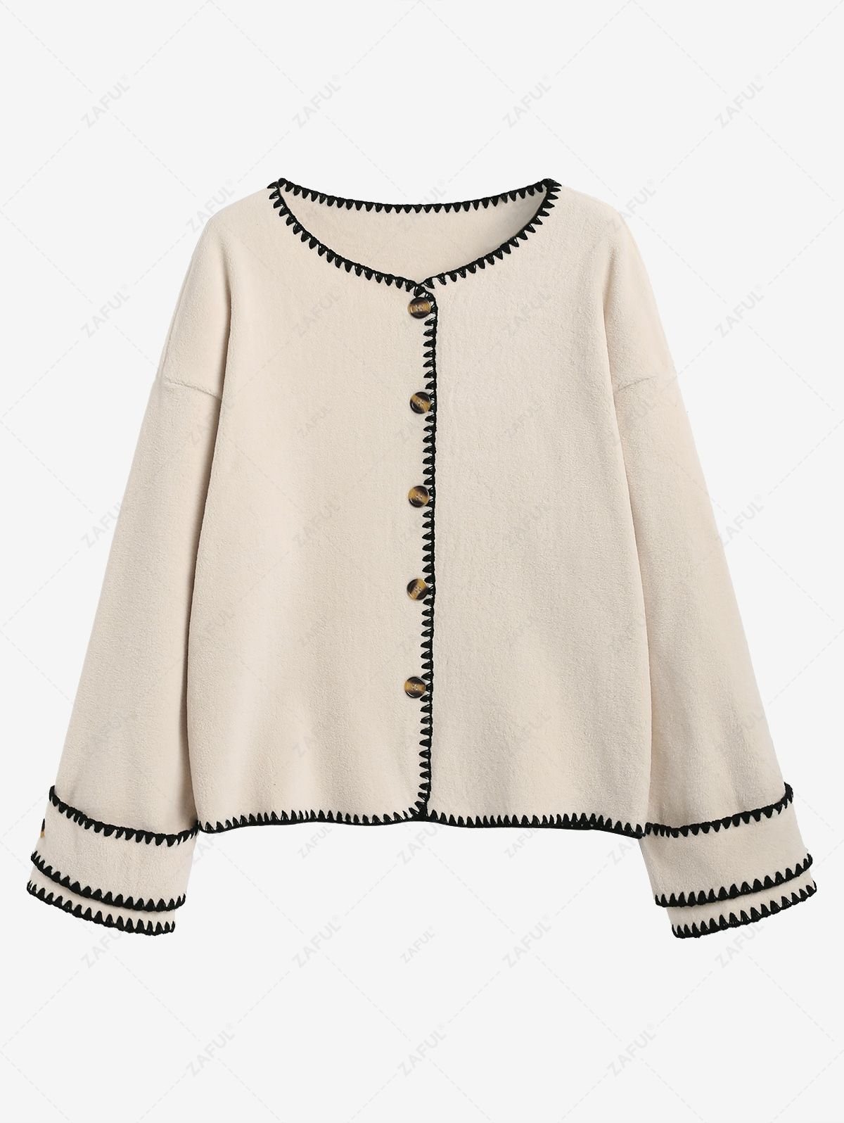 chic Women's Casual Polar Fleece Contrast Whip Stitching Drop Shoulder Long Sleeve Single-breasted Jacket - LIGHT COFFEE XL