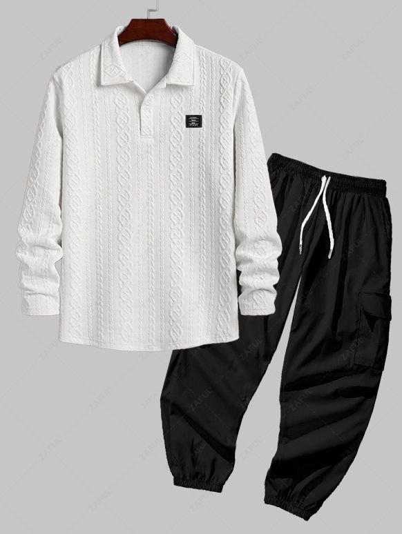 womens Men's Cable Knit Jacquard Textured Patch Design Half Buttoned Polo Collar Long Sleeves T-shirt And Streetwear Multi-pockets Design Beam Feet Drawstring Cargo Pants Set - WHITE ONE SIZE