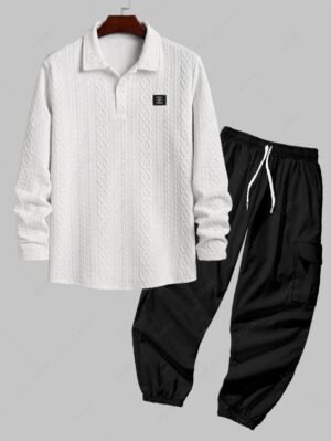 womens Men's Cable Knit Jacquard Textured Patch Design Half Buttoned Polo Collar Long Sleeves T-shirt And Streetwear Multi-pockets Design Beam Feet Drawstring Cargo Pants Set - WHITE ONE SIZE